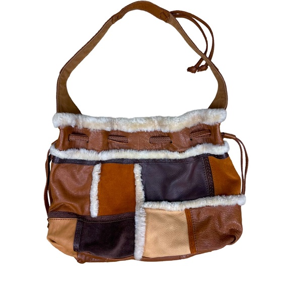 Lucky Brand gorgeous Leather Wool Fleece Patchwork Hobo Handbag Boho Retro 70’s - Picture 13 of 13